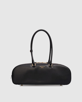 Christian Villa Black leather baguette bag with logo print 6314