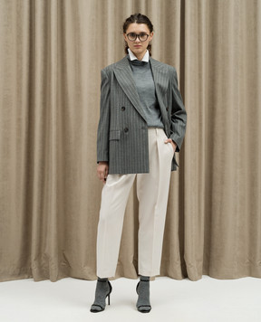 Brunello Cucinelli Gray double-breasted striped wool jacket with monil chain MD5777190P