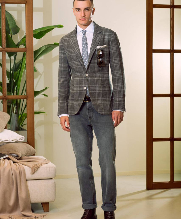 Brunello Cucinelli - Gray checked wool, silk and cashmere blazer