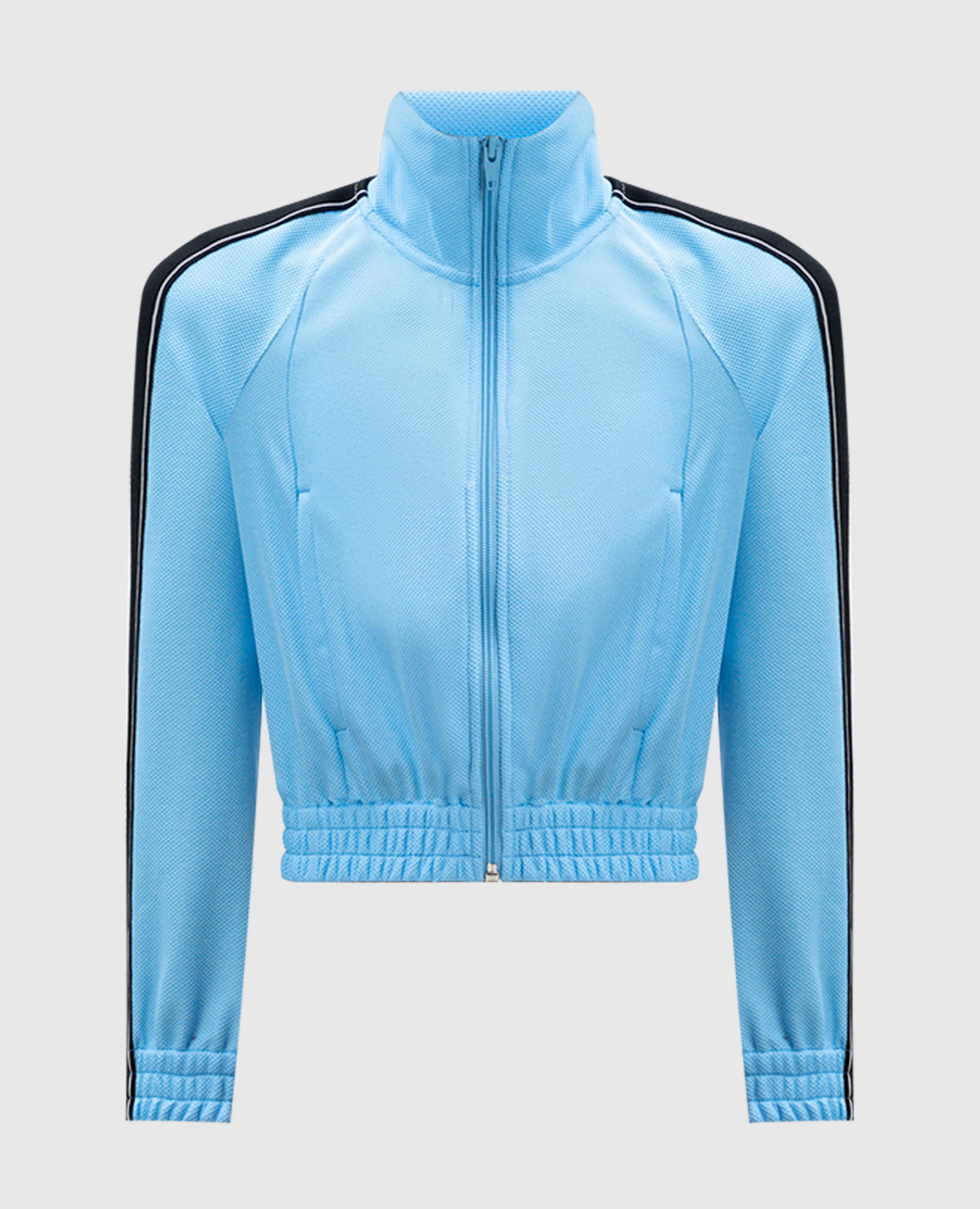 Blue cropped sports jacket with contrasting ribbon