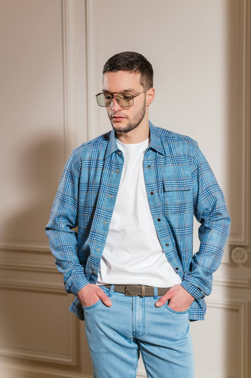 

Blue wool and silk check shirt Kiton