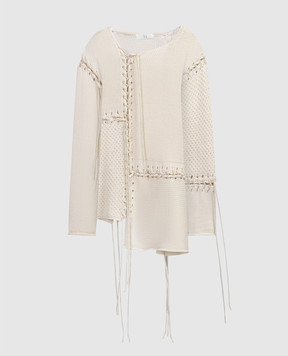 Y`S Yamamoto Beige elongated jumper of asymmetric cut with lacing YSK06082