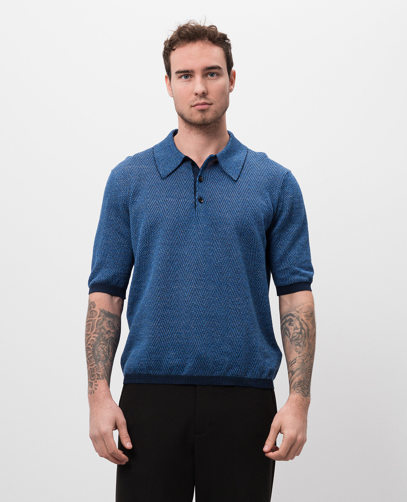 

Blue polo shirt with patterned linen Bottega Veneta