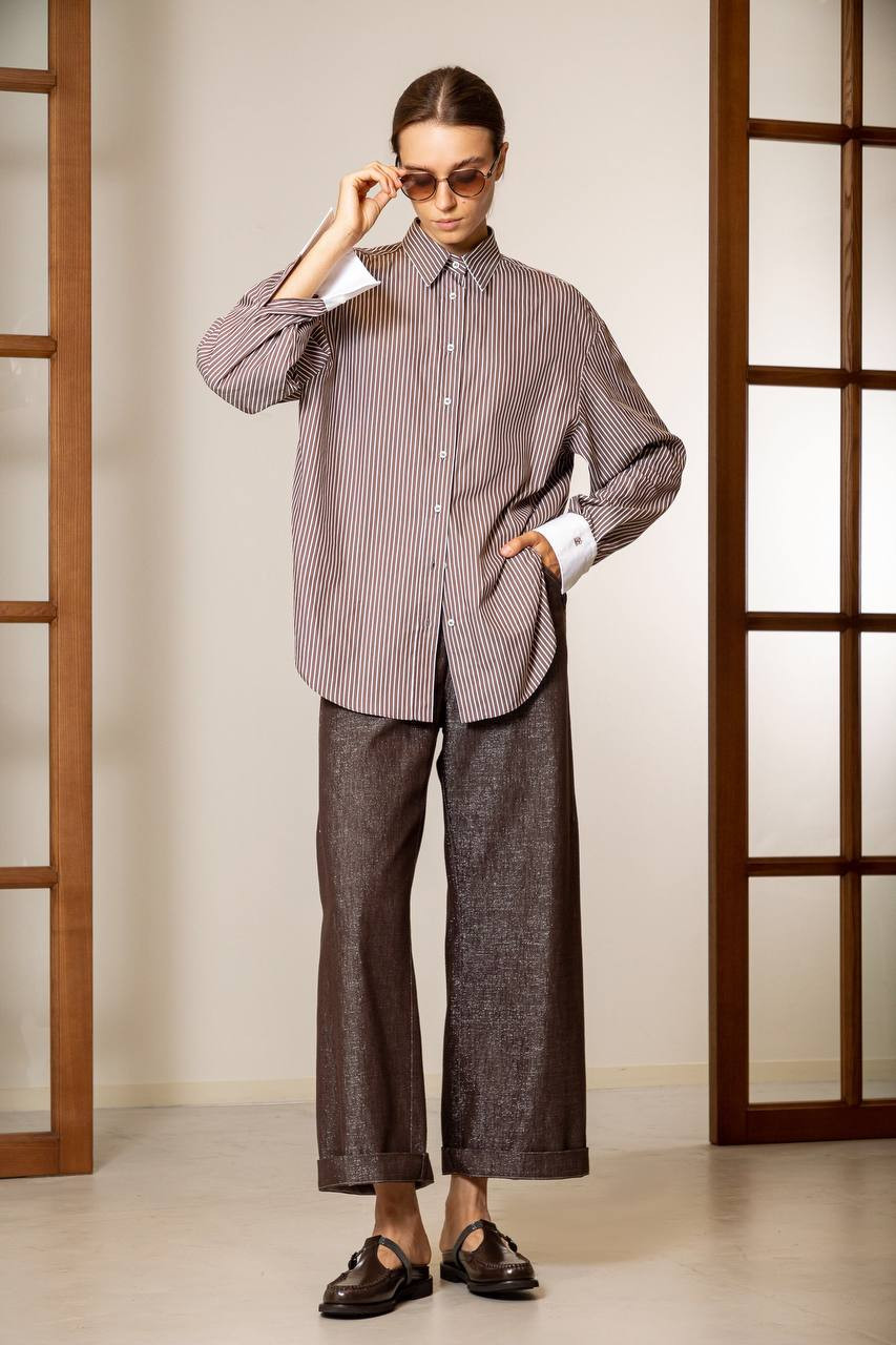 

Brown striped silk shirt with monil chain Brunello Cucinelli