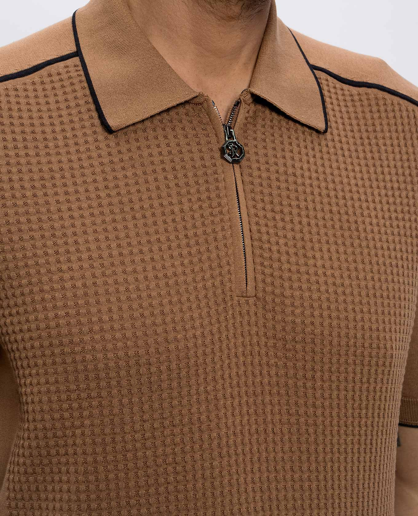 

Beige silk polo shirt with monogram logo pattern Stefano Ricci