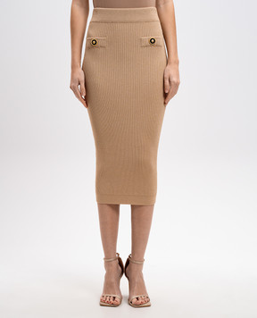 Balmain Beige ribbed midi skirt with branded rivets EF1LD022KI10