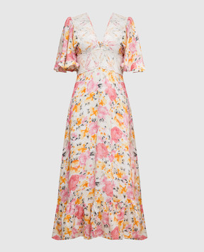 byTimo Beige dress with linen in a floral print with lace 2420575