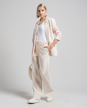 Twinset Beige linen trousers with floral print 241AQ2061