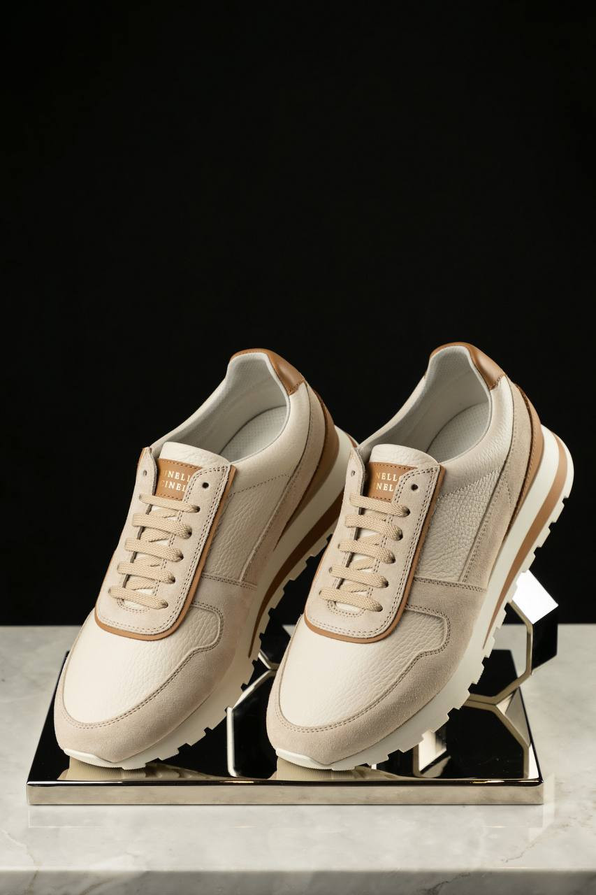 

Beige leather sneakers with logo patch Brunello Cucinelli