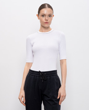 Brunello Cucinelli White ribbed top with monil chain MPTC8BJ310