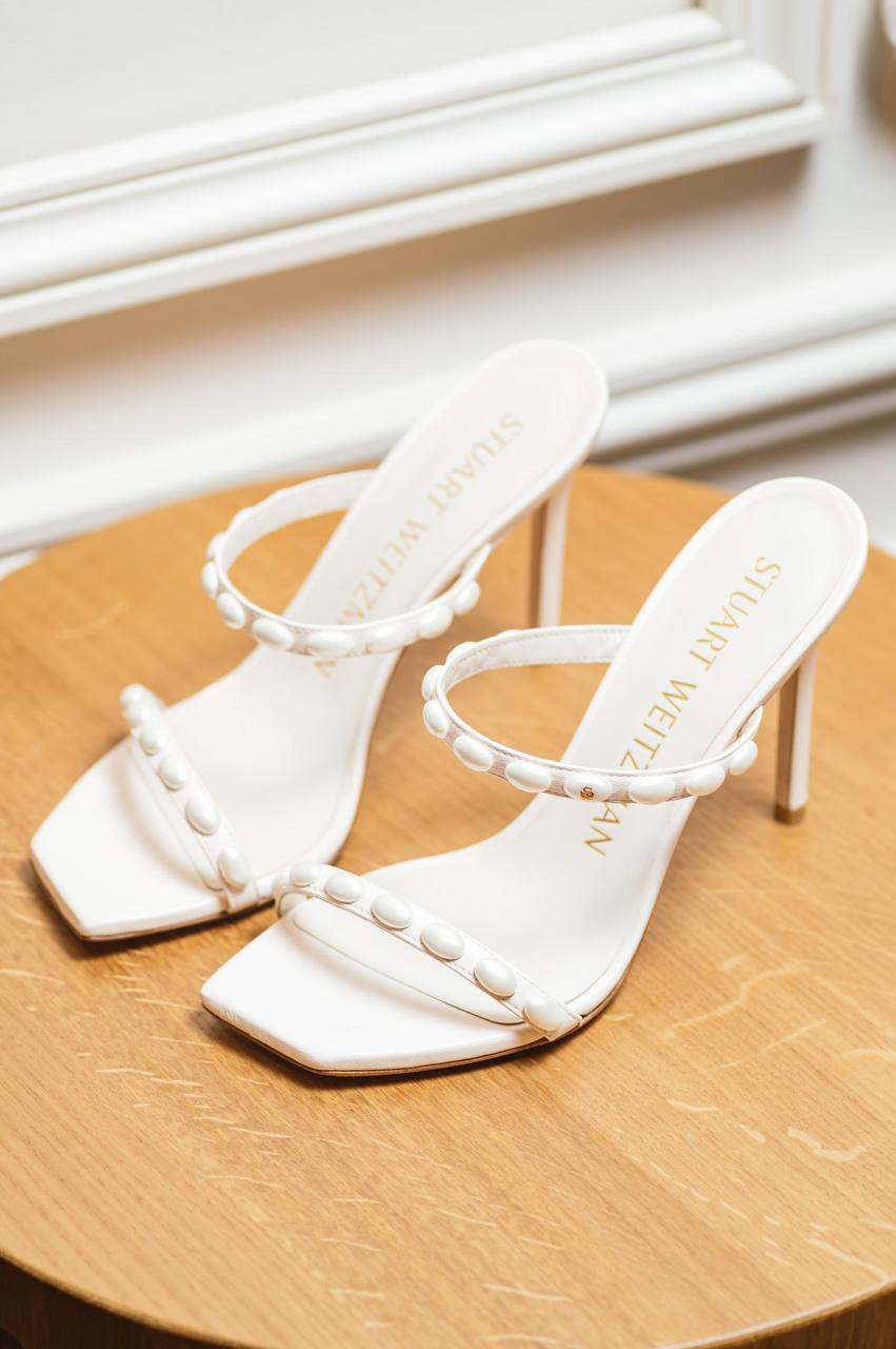 ALEENA PEARLITA white leather mules with beads Stuart Weitzman 6