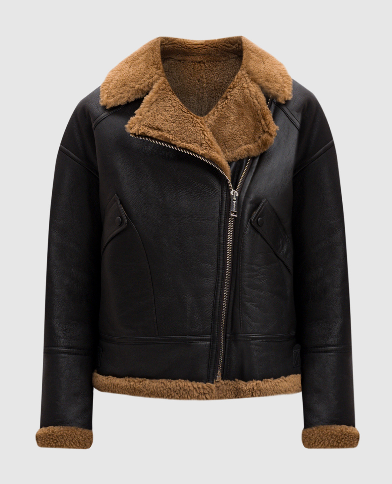 A black sheepskin coat in the style of a sheepskin coat