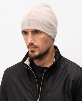 Stefano Ricci Beige cashmere hat with embroidered monogram logo K606040CUFF25305