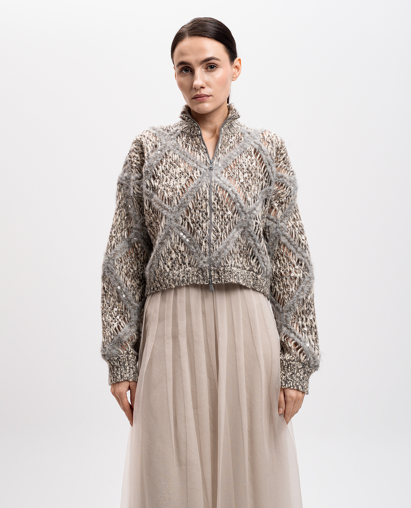 Beige openwork alpaca wool cardigan with sequins Brunello Cucinelli 3