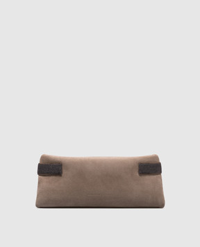 Brunello Cucinelli Beige suede clutch Pouch Essence with monil chain MBDLD2746P
