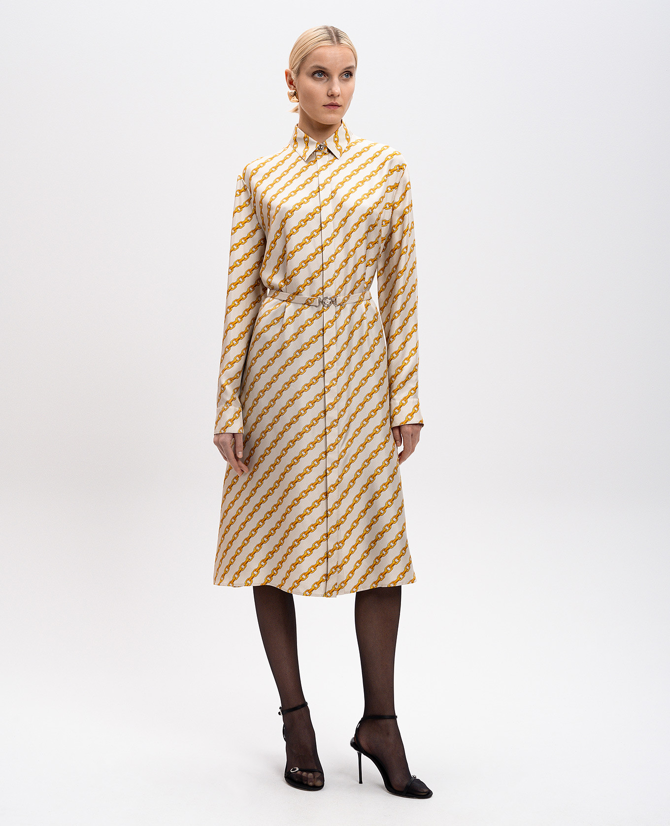 

Beige Chain Stripes Silk Shirt Dress Versace