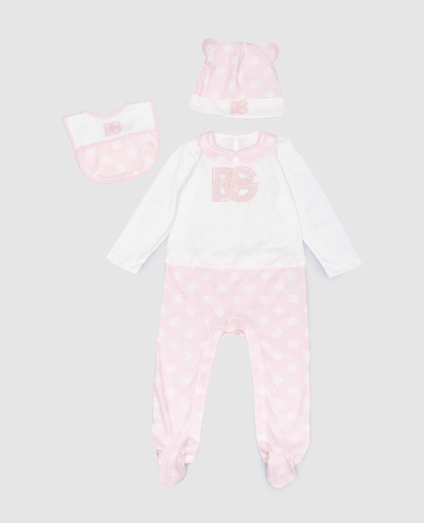 

Children's pink set of overalls, cap and bib in DG logo print Dolce&Gabbana