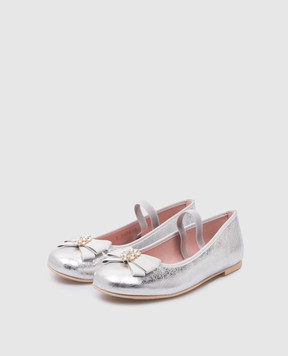 Pretty Ballerinas Children's silver Hannah leather ballet flats with crystals 51258