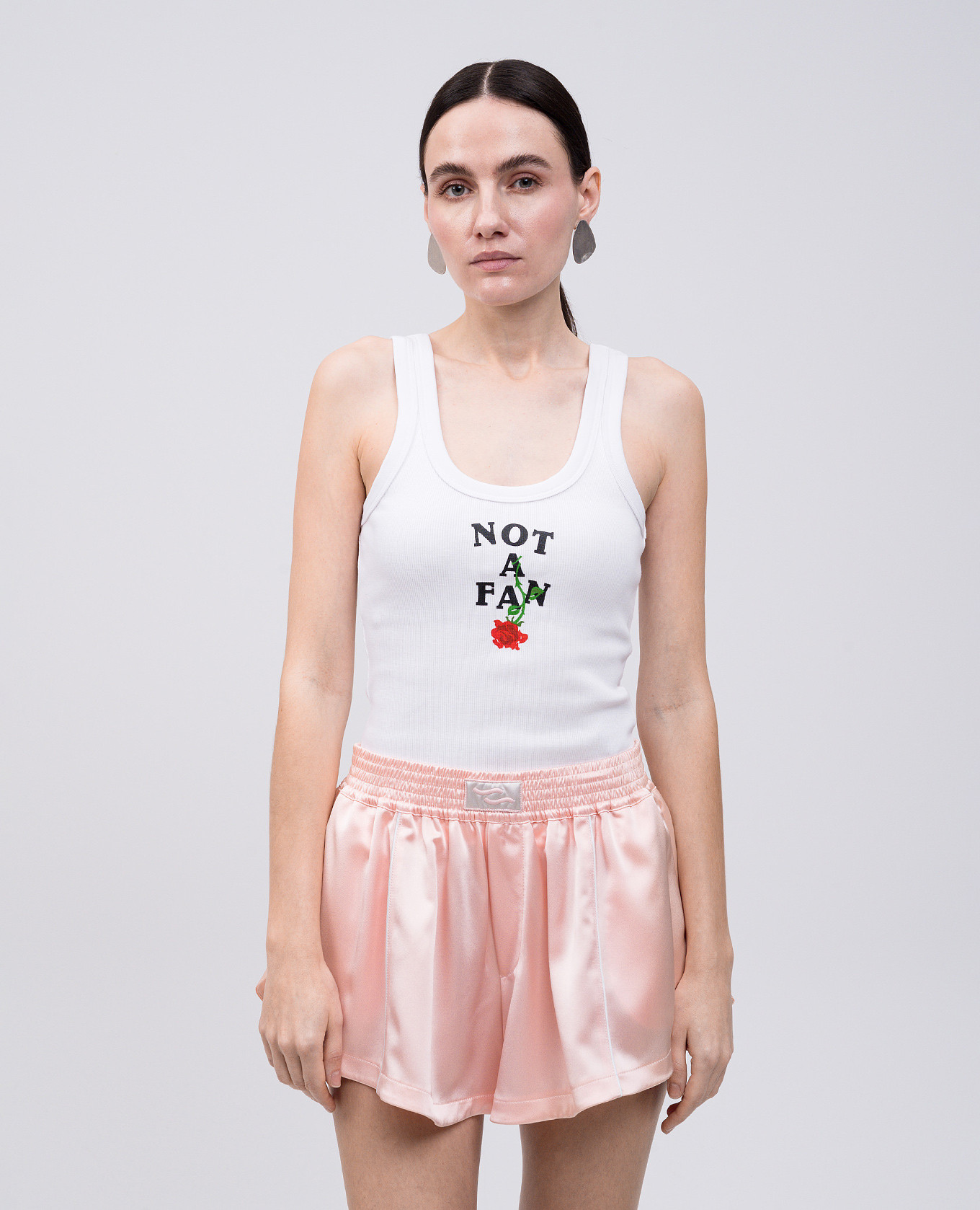 

White ribbed top with "Not a fan" print SSHEENA
