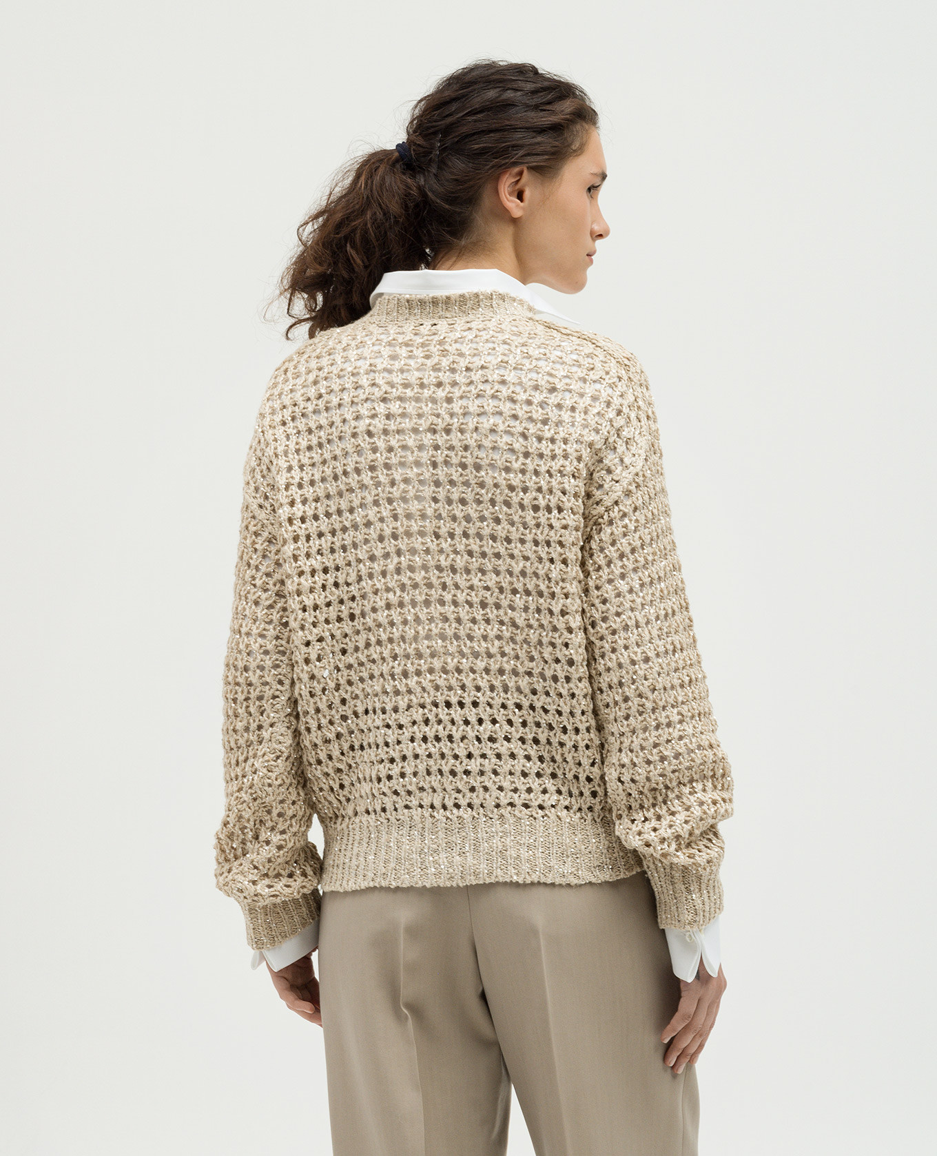 Beige openwork sweater with silk and linen with sequins Brunello Cucinelli 4