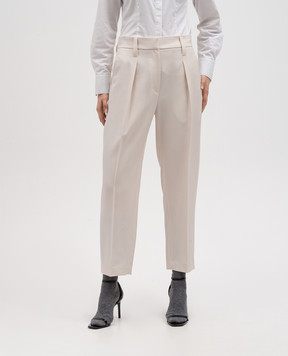 Brunello Cucinelli Beige woolen trousers with ecolathuni monil chain MP580P8562