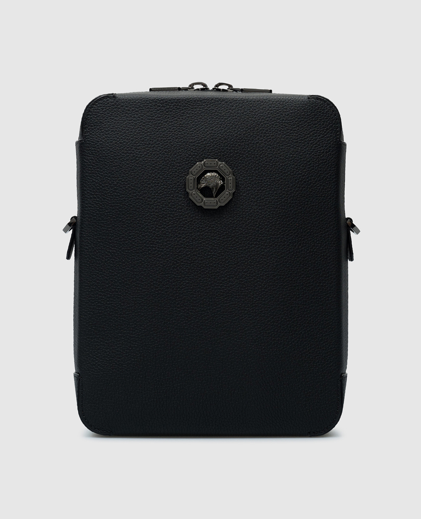 

Black leather bag with metal eagle head logo Stefano Ricci