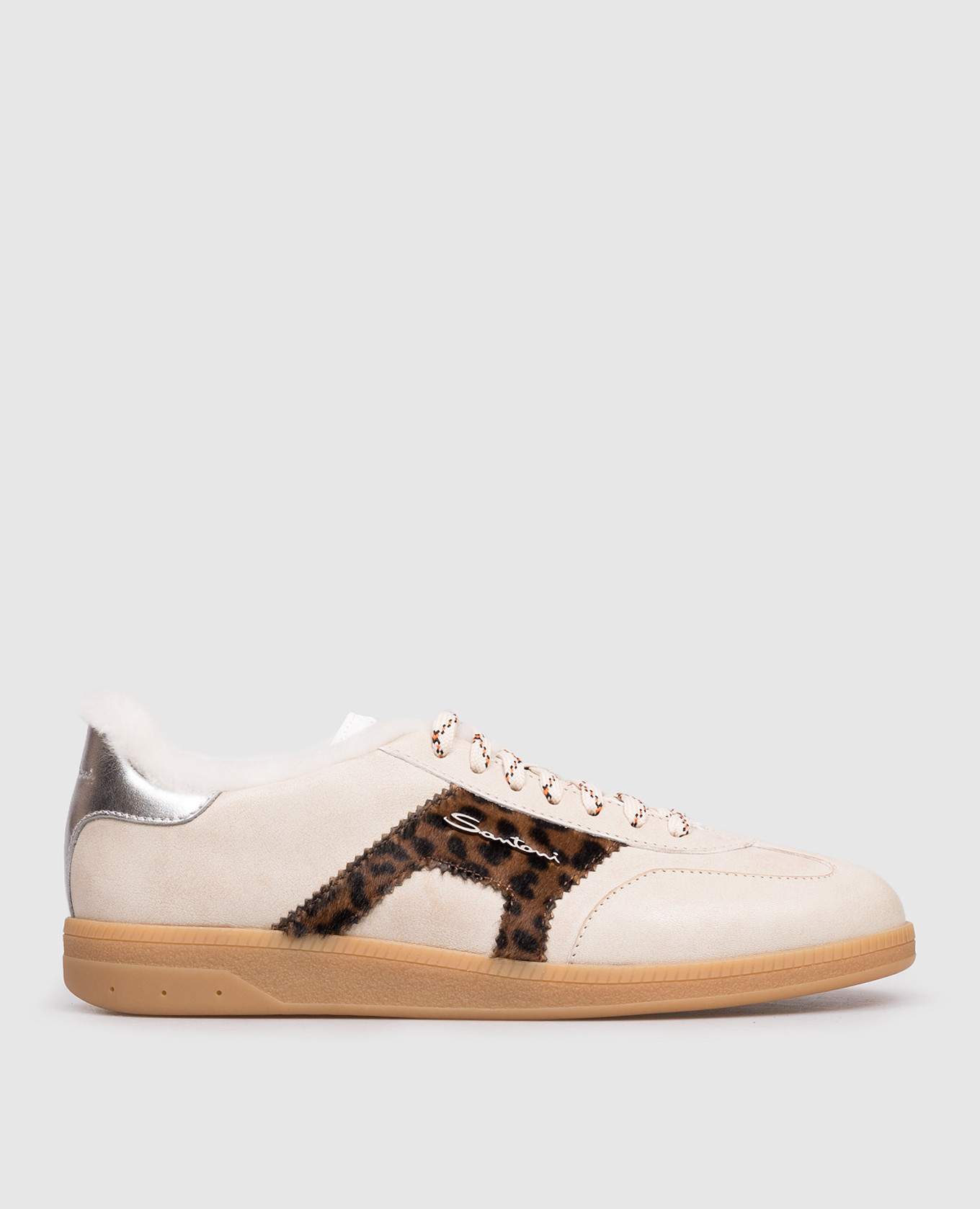 Oly beige leather sneakers with fur and logo Santoni