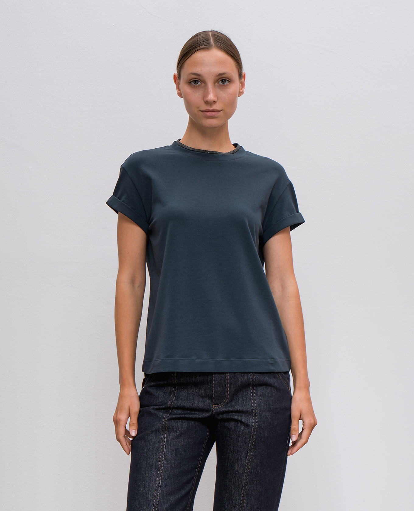 Blue t-shirt with monil chain Brunello Cucinelli 3