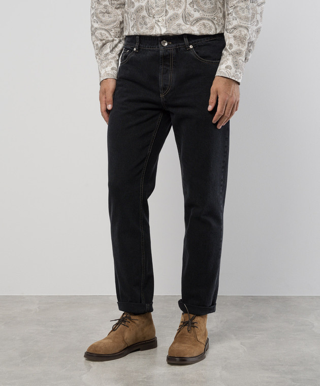BRUNELLO CUCINELLI デニム ボタンフライ 刺繍ロゴ レザー BRUNELLO CUCINELLI デニム ボタンフライ 刺繍ロゴ レザー