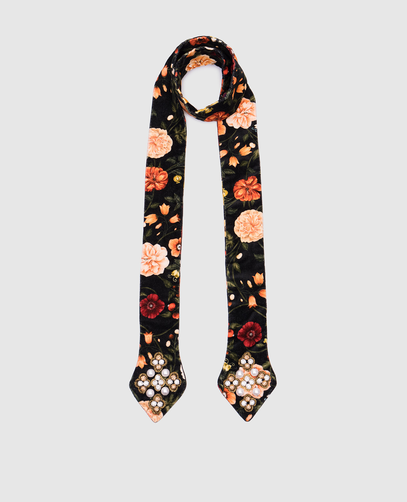 

Black velvet scarf in a floral print with beads La DoubleJ