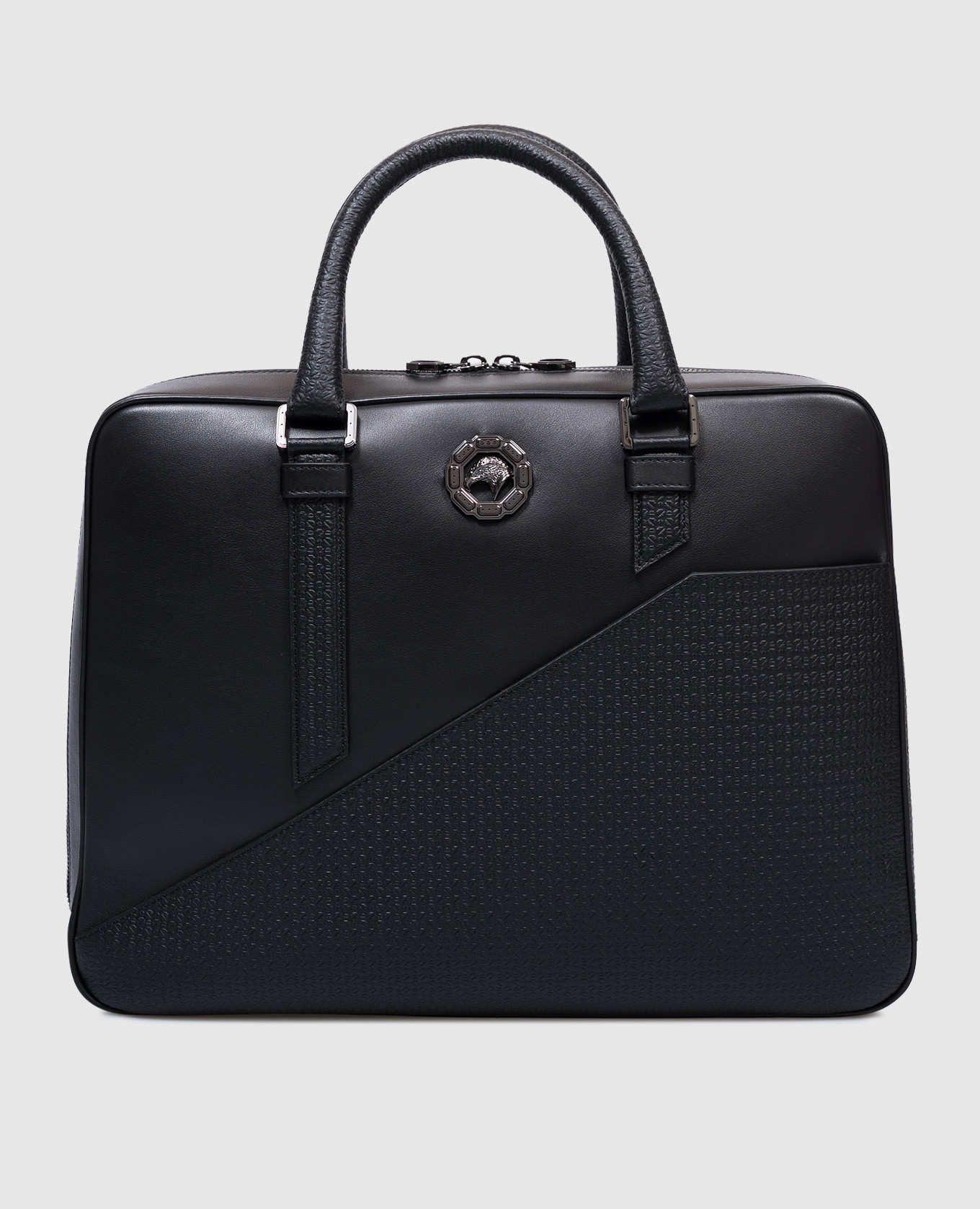 

Black leather briefcase with ruthenium-plated logo Stefano Ricci