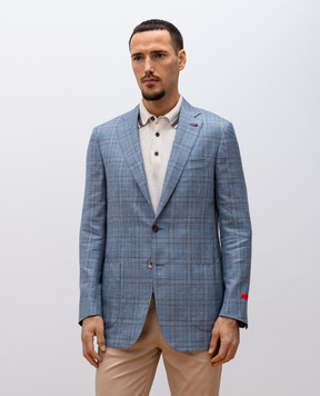 ISAIA Blue checked wool, silk and linen blazer 521GSI98547