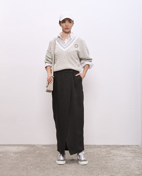 Brunello Cucinelli Gray hemp and linen pleated skirt MH548G3814
