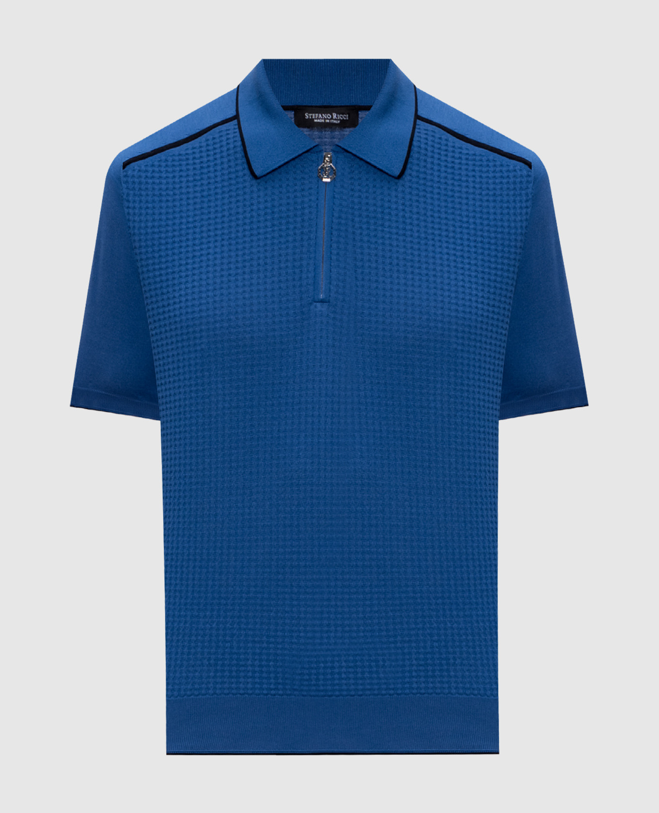 Blue silk polo shirt with monogram logo pattern Stefano Ricci