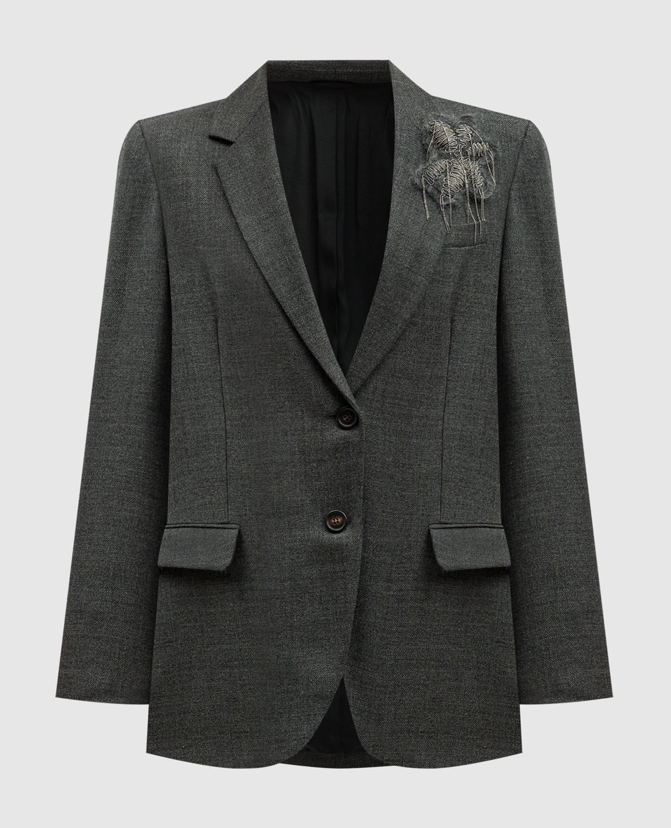 Gray wool jacket with flower brooch with monil chain brunello cucinelli