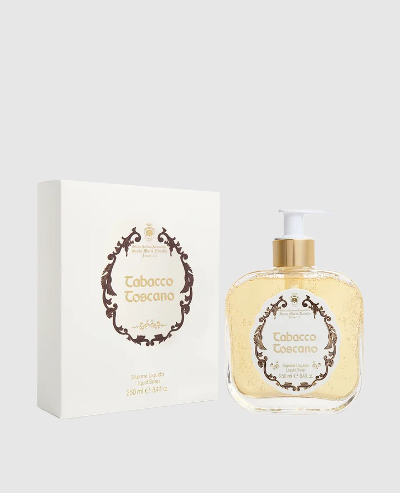 Tabacco toscano liquid soap in a glass container with a dispenser of 250 ml santa maria novella
