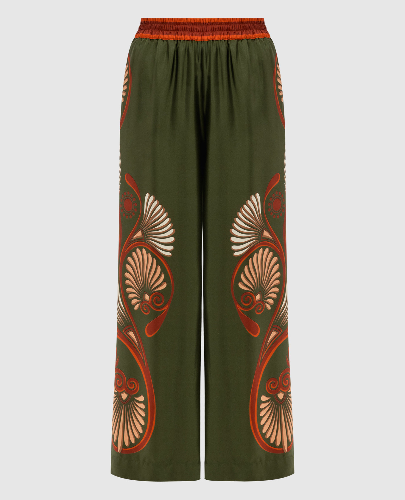 

Kerylos Placee print silk palazzos in green La DoubleJ