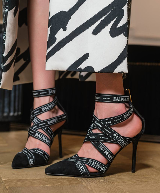 Balmain - Black suede sandals with branded ribbons