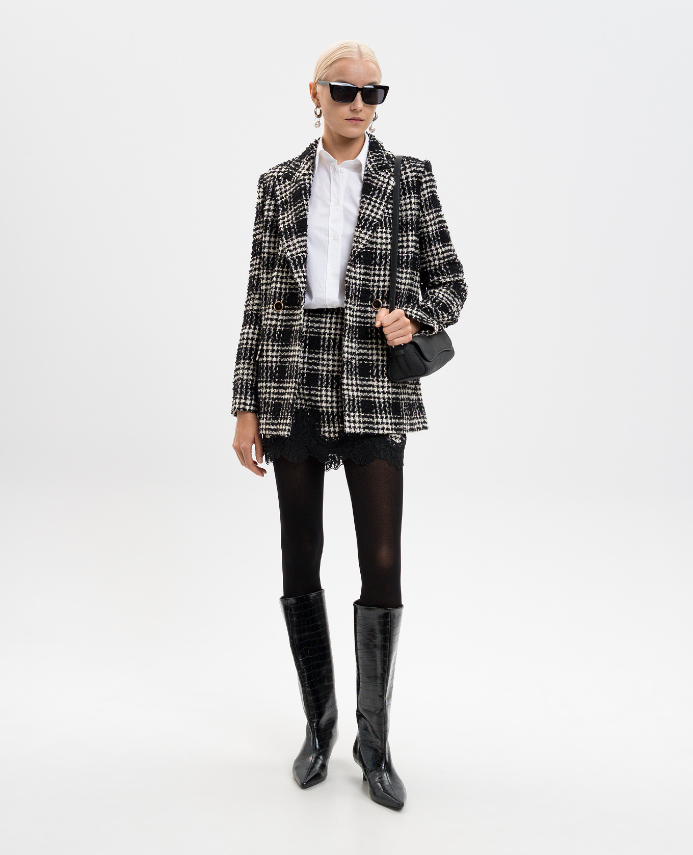 Black tweed double-breasted jacket with checked wool Twinset 2