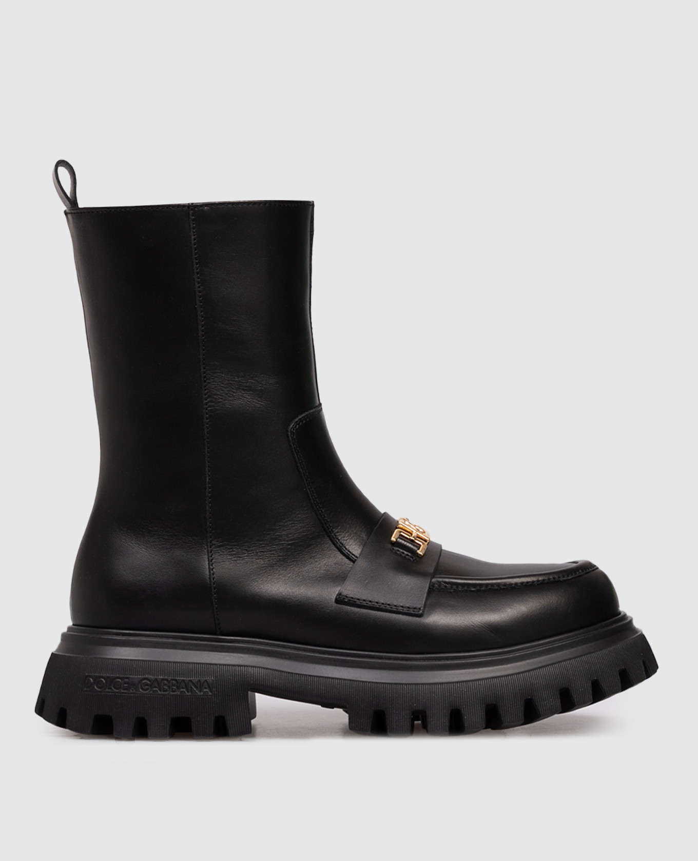 Children&#39;s black leather boots with fur and logo Dolce&Gabbana