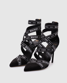 Balmain Black suede sandals with branded ribbons EN1UH092TKWB