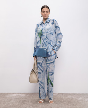 Victoria Beckham Blue silk pants with an abstract print in a pajama style 1125WTR006041B
