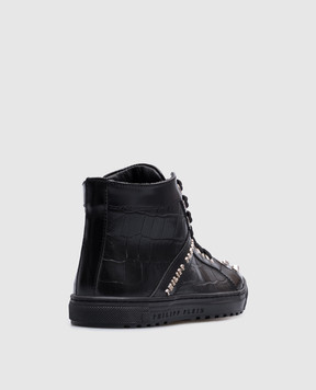 Philipp Plein Children's black leather sneakers with metal logo BSC00172935