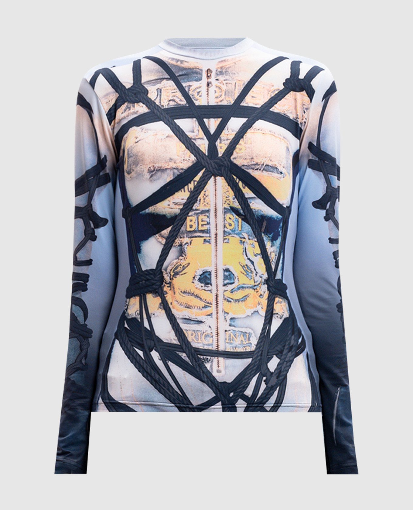 Blue long sleeve with a print in the style of bondage y project