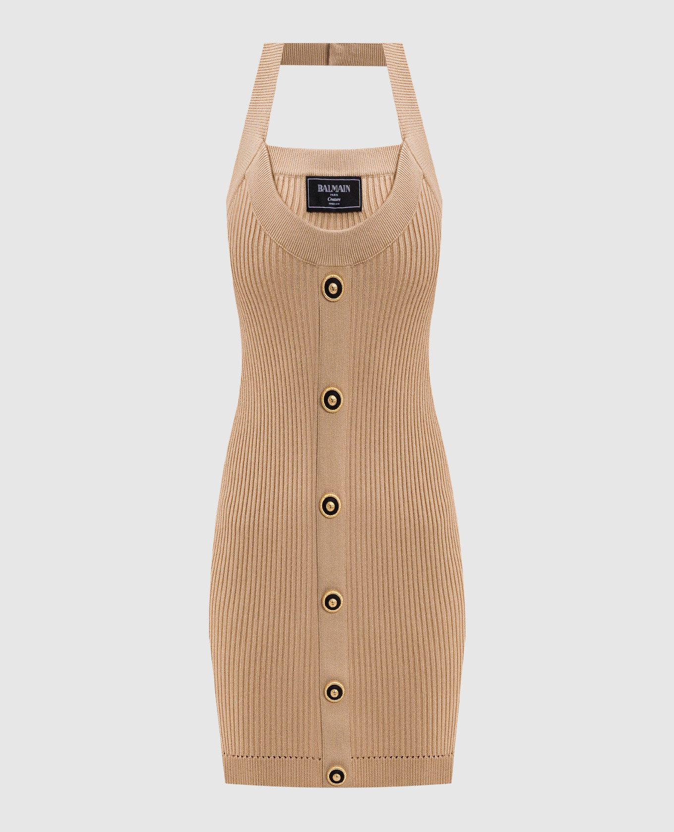 Beige ribbed mini dress with logo patch Balmain