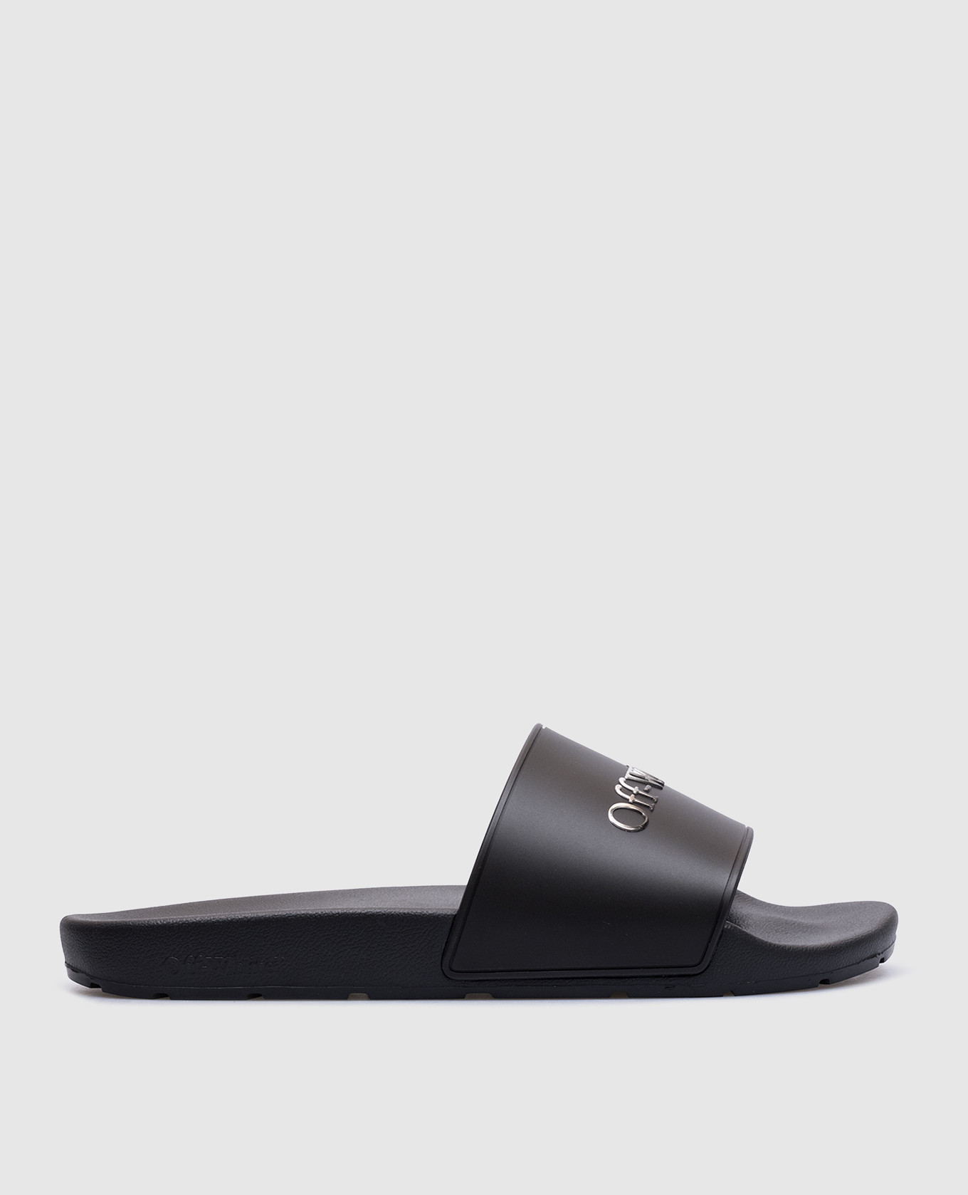 Black sliders with textured logo off-white