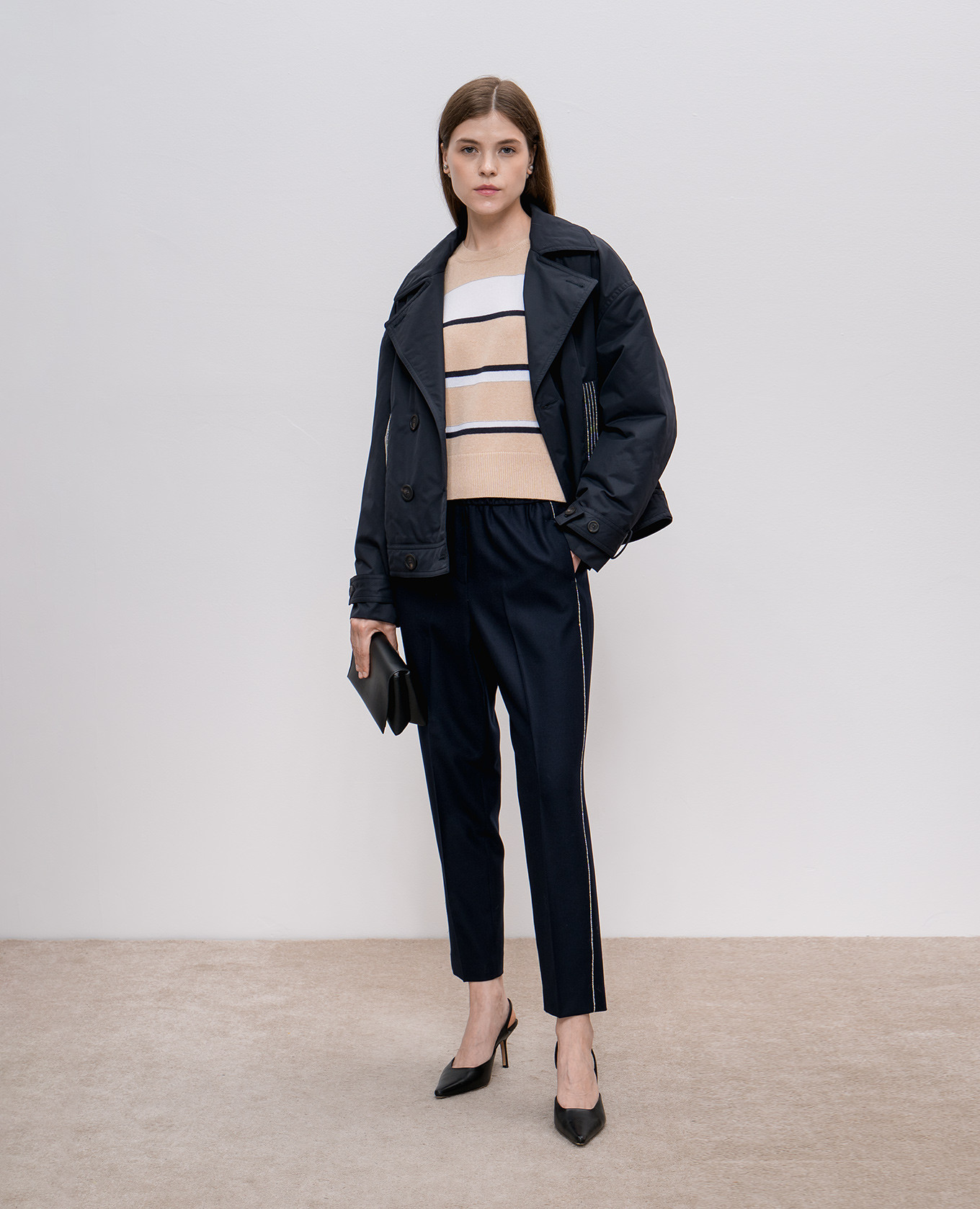

Beige wool, silk and cashmere striped sweater with monil chain Peserico