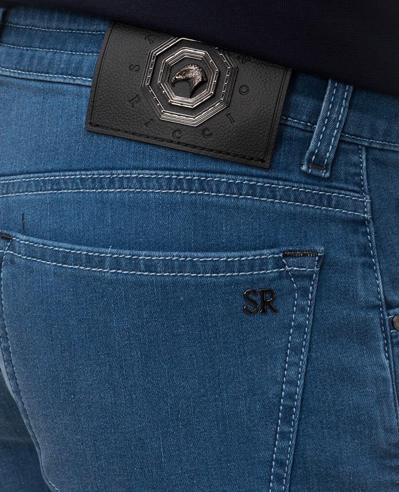 

Blue jeans with leather logo patch Stefano Ricci
