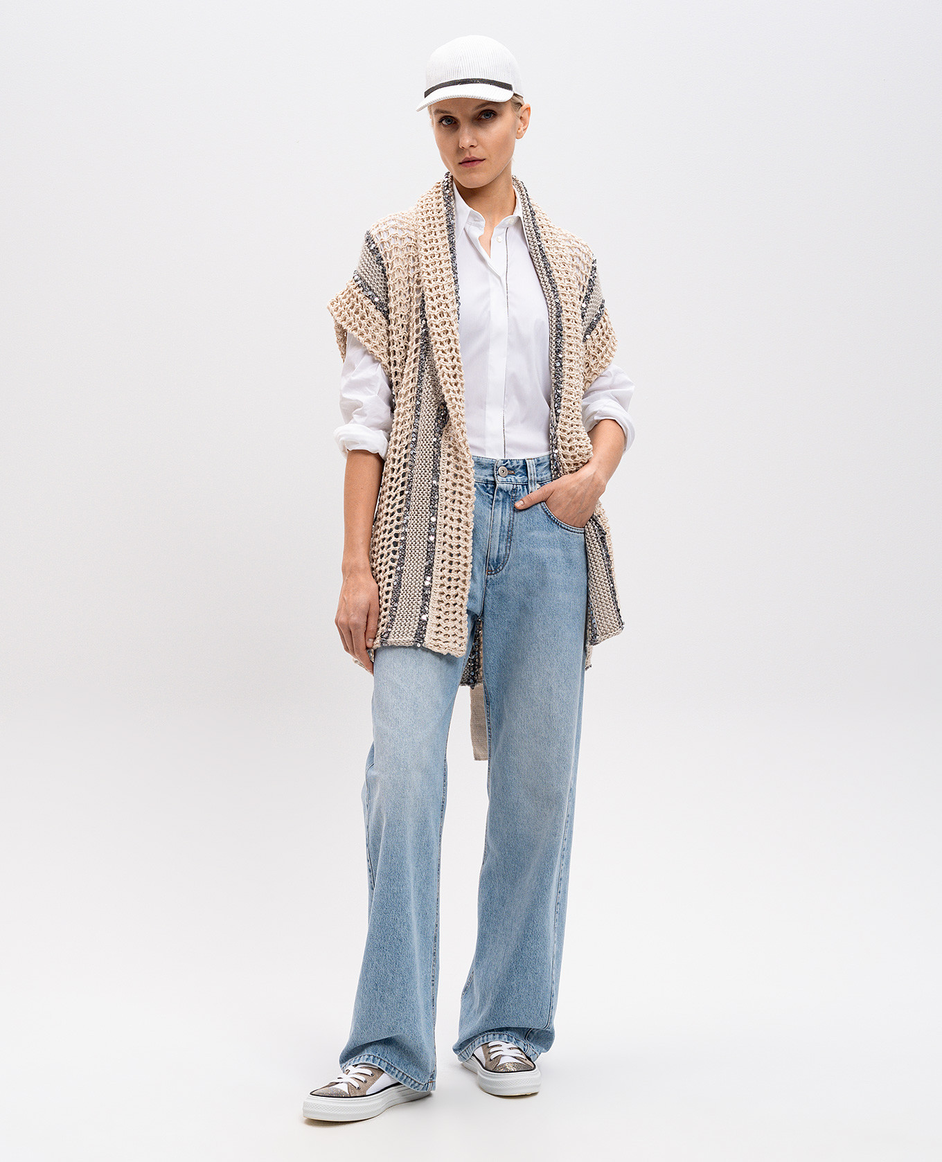 Beige openwork vest with sequins Brunello Cucinelli 2