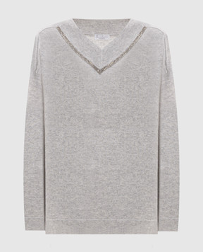 Brunello Cucinelli Gray cashmere pullover with monil chain M12167902P